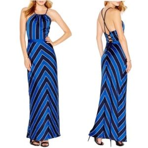Guess Open Back Lace Up Sleeveless Striped Maxi Dress Royal Blue Black 2